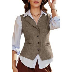 Women's Herringbone Tweed Lapel Waistcoat Business Casual Sleeveless